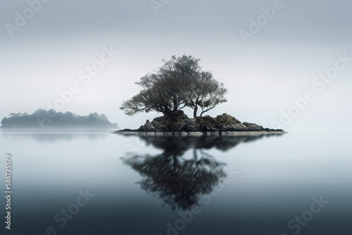 a lone tree on a small island in the middle of a body of water with a foggy sky in the background and a few trees in the foreground.  generative ai © Nadia