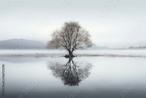  a lone tree stands in the middle of a body of water on a foggy day with mountains in the distance in the distance, with a lone tree in the foreground. generative ai