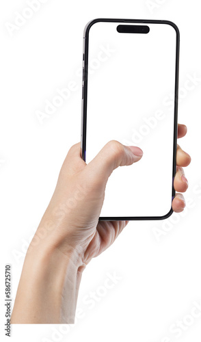 Phone in hand on a transparent isolated background. A woman holds a phone in her hand close-up on a transparent PNG background and presses the screen of the phone with her finger