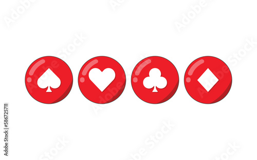 Four of a kind playing cards suits icons. Red poker cards icons in a circle. Heart, club, diamond and spade icons isolated on white background. Gamble games vector illustration.