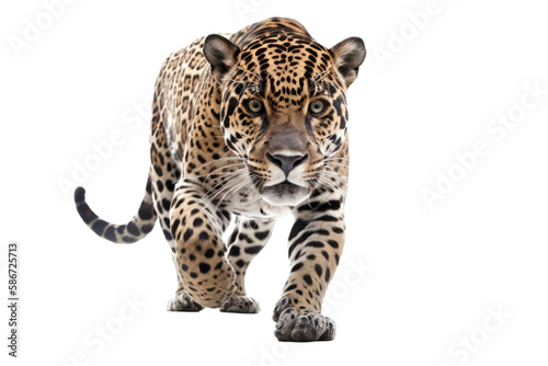 an isolated jaguar front-view, whole body, stalking prey, horizontal, fierce jungle-themed photorealistic illustration on a transparent background in PNG. Panthera onca. Generative AI