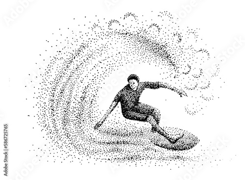 Drawing of a surfer on a white background. Black and white image. Sport