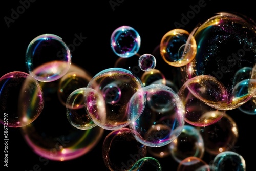  a bunch of soap bubbles floating on a black background with a black back ground and a black background with a black back ground and a bunch of soap bubbles. generative ai