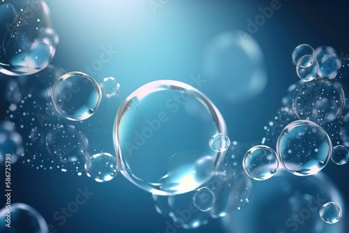  a bunch of soap bubbles floating in the air on a blue background with a blurry light in the middle of the image and a blue background. generative ai