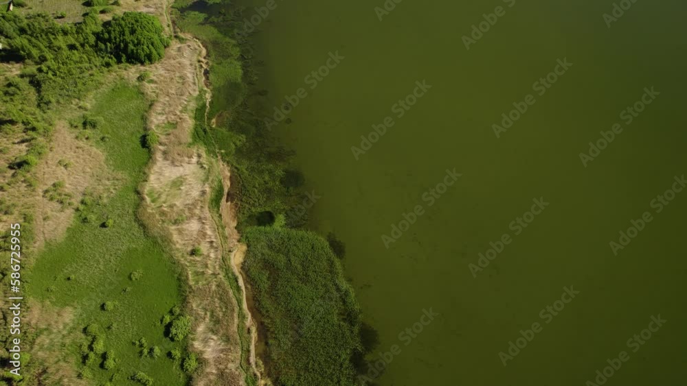 This drone video shows a beautiful lake surrounded by dense forest. The water on the lake is calm and transparent, reflecting the greenery of the trees and the blue sky. The shore of the lake is decor This drone video shows a beautiful lake surrounded by dense forest. The water on the lake is calm and transparent, reflecting the greenery of the trees and the blue sky. The shore of the lake is decor