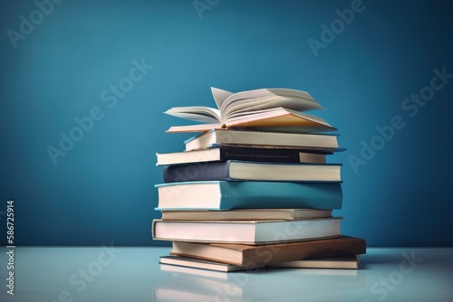  a stack of books sitting on top of a table next to a blue wall with a blue background and a blue wall in the background.  generative ai © Nadia