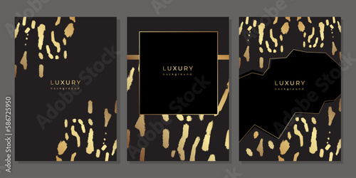 Set of luxury templates with golden animal spots texture. Pattern with gold and black stains painted with brush. Frame design with animal print for cover, poster, flyer