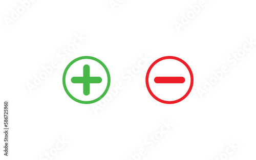 Plus and minus icons. Up and down buttons icons in a circle. Positive negative vector illustration. Flat icons isolated on white background.