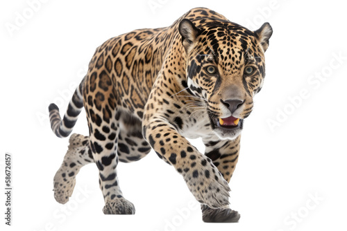 an isolated jaguar side-view  whole body  stalking prey  horizontal  fierce jungle-themed photorealistic illustration on a transparent background in PNG. Panthera onca. Generative AI