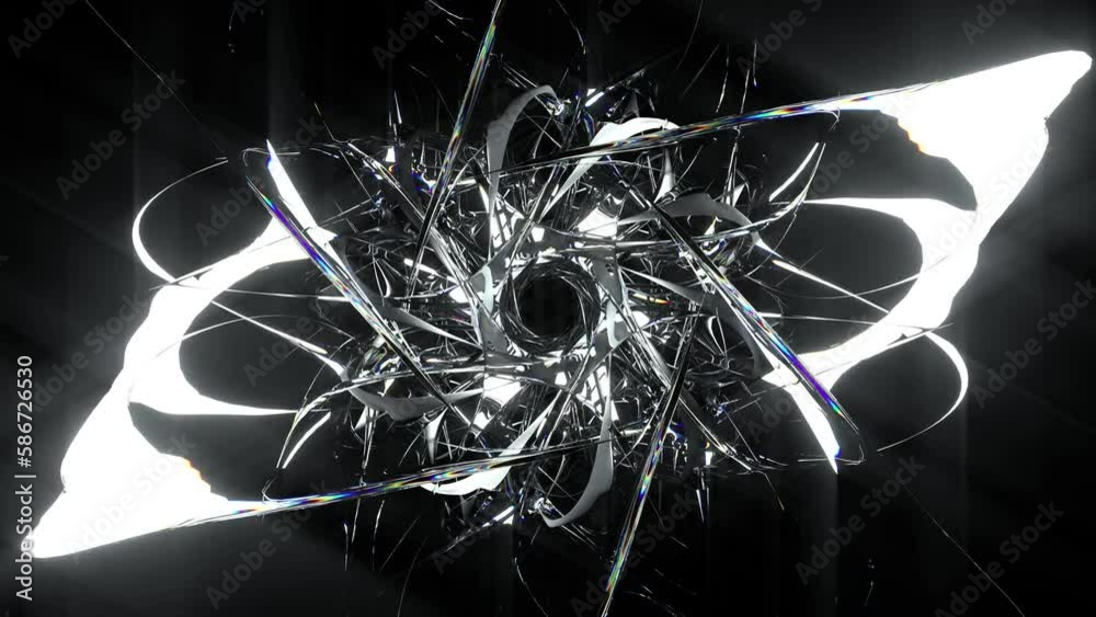 3d render of abstract art loop animation video with transform rotating fractal diamond crystal alien star flower in curve lines forms in glass material with color dispersion effect on black background