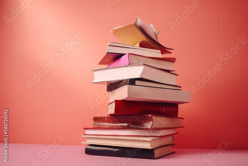  a stack of books sitting on top of each other on a pink surface next to a red wall and a pink wall behind it is a stack of books. generative ai