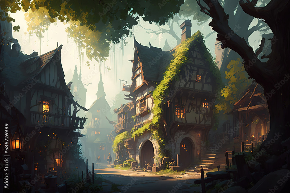a painting of a village in the woods, medieval fantasy town, art