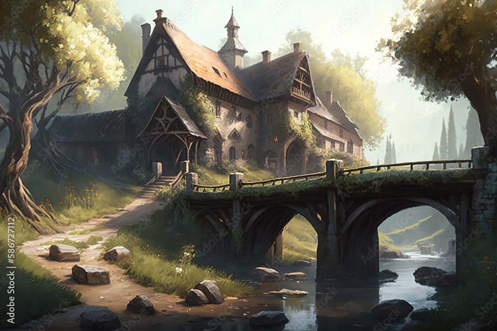 Obraz premium a painting of a village with a bridge over a river, fantasy art illustration 