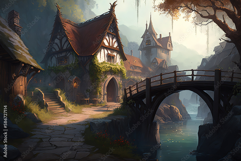 Obraz premium a painting of a village with a bridge over a river, fantasy art illustration 