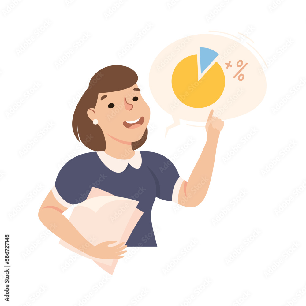 Young Woman Office Employee with Paper Documents Talking About Pie Chart Graph Vector Illustration Young Woman Office Employee with Paper Documents Talking About Pie Chart Graph Vector Illustration