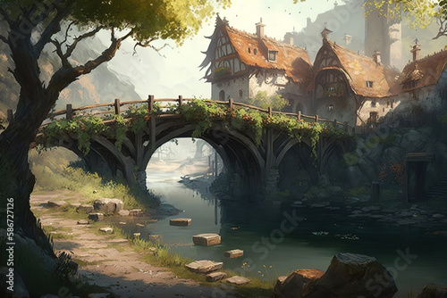 a painting of a village with a bridge over a river, fantasy art illustration  © vvalentine