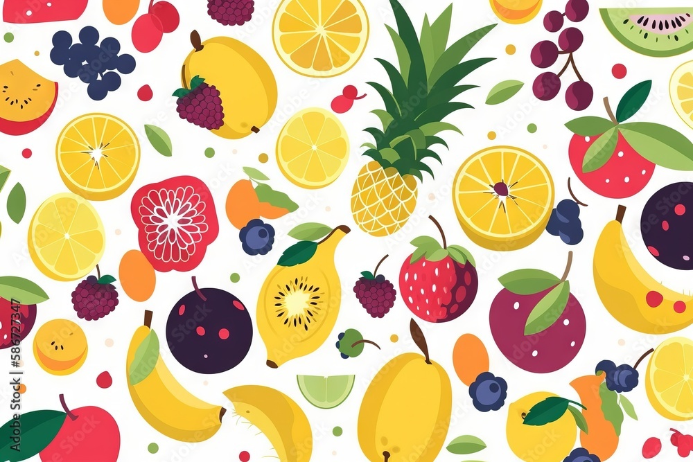 a bunch of different fruits are on a white background with a pineapple, oranges, grapes, lemons, strawberries, and pineapples. generative ai a bunch of different fruits are on a white background with a pineapple, oranges, grapes, lemons, strawberries, and pineapples. generative ai