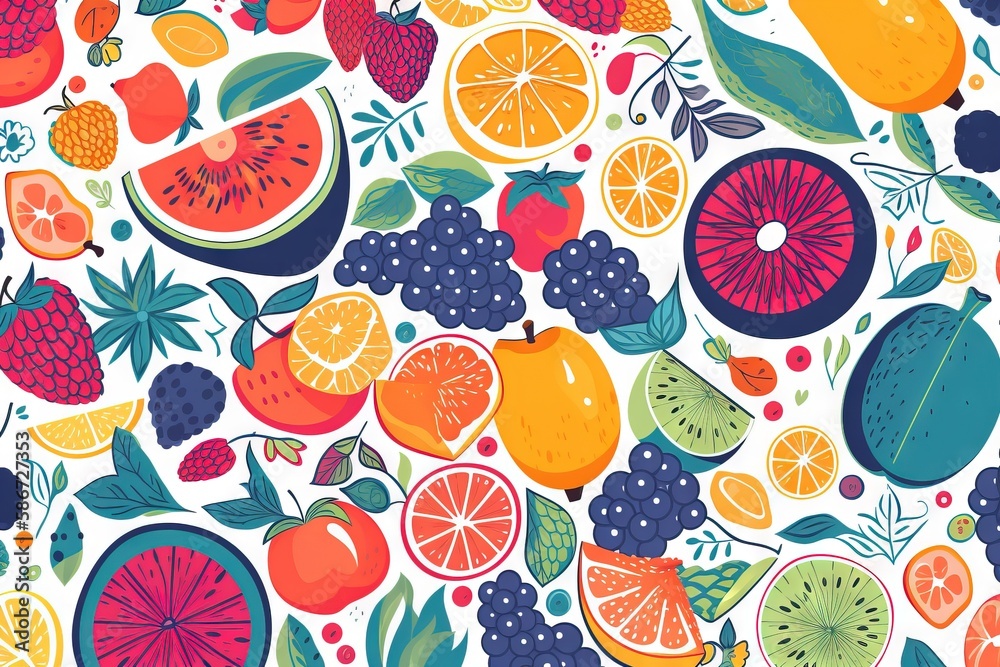 a bunch of different fruits and vegetables on a white background with blue and orange colors and a white background with blue and orange colors and white. generative ai a bunch of different fruits and vegetables on a white background with blue and orange colors and a white background with blue and orange colors and white. generative ai
