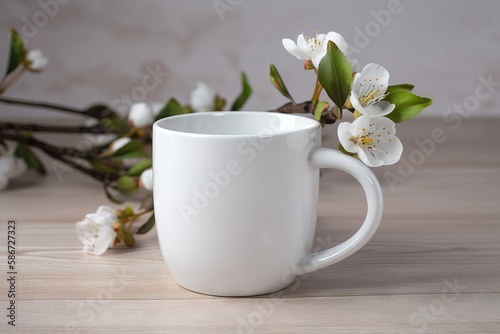 a white coffee cup with a branch of white flowers on a table next to a white wall and a white wall behind the cup is a branch with white flowers. generative ai
