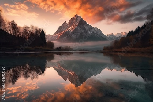  a mountain is reflected in the still water of a lake as the sun sets in the distance with a red sky and clouds reflected in the water.  generative ai