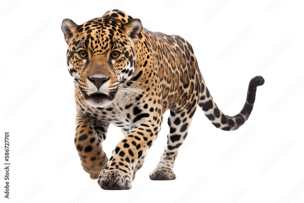 Naklejka premium an isolated jaguar front-view, whole body, stalking prey, horizontal, fierce jungle-themed photorealistic illustration on a transparent background in PNG. Panthera onca. Generative AI