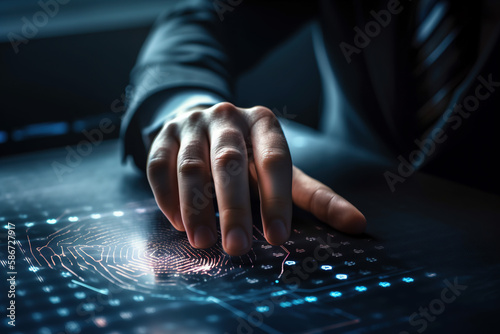Close up of man hand pointing at digital interface virtual panel and digital tablet computer. Finger print scan for authentication, safety and privacy, created with Generative AI