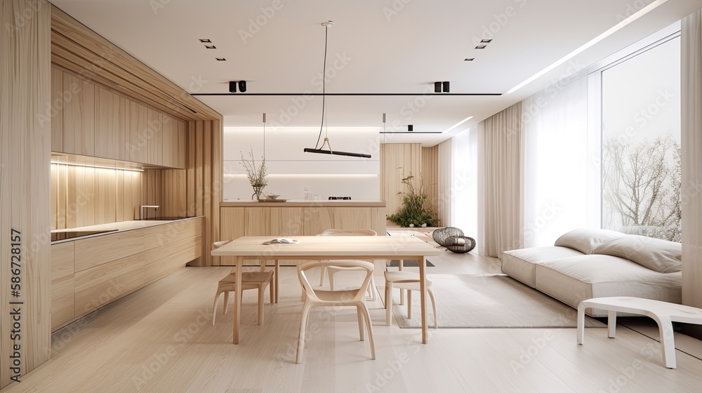 Fototapeta premium Light wooden living room for the homely feeling, interior. Generative AI Technology 