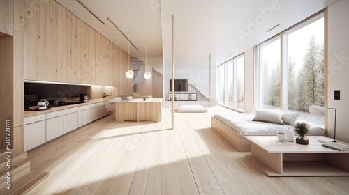 Light wooden living room for the homely feeling, interior. Generative AI Technology  © Dniel