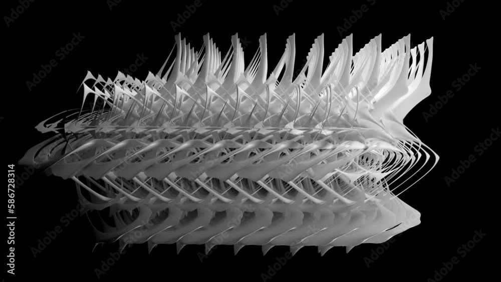 3d render monochrome abstract art video animation with surreal organic futuristic alien mechanism based on duplicate white bones objects in plastic material in rotation process on isolated black back