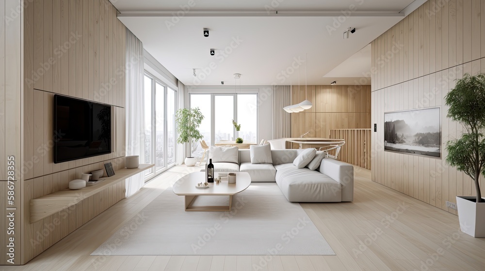 Light wooden living room for the homely feeling, interior. Generative AI Technology Light wooden living room for the homely feeling, interior. Generative AI Technology