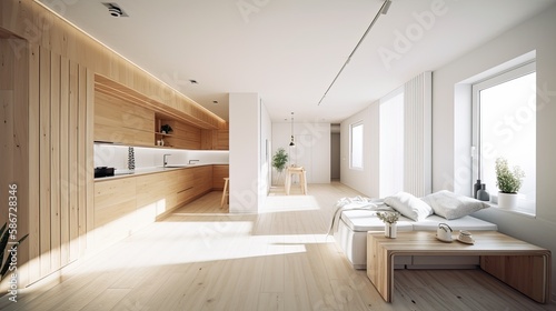 Light wooden living room for the homely feeling, interior. Generative AI Technology 