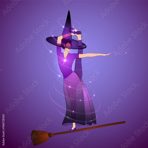 Halloween witch doing stretching yoga posture. Slim young witch woman in hatha yoga stretching pose standing on broom. Yogi hag in well balanced posture practicing witchcraft, making starlight magic