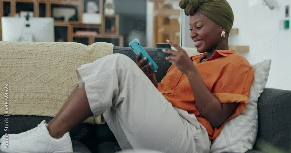 Credit card, smartphone and black woman online shopping payment on her home sofa excited for online shop sale, promotion or discount. Woman using phone for banking, e commerce and fintech mobile app