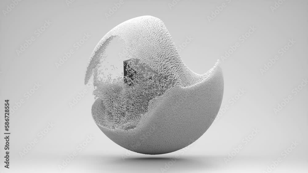 3d render of monochrome abstract art video animation surreal 3d composition with flying rotating black cube box with small splash white balls spheres dust particles in water liquid structure around  