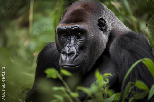 Eastern Lowland Gorilla - Central Africa - A large primate species known for its social behavior and gentle nature. They are critically endangered due to habitat loss and poaching (Generative AI) © Russell