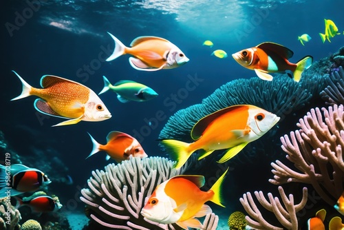 A flock of tropical fish in a coral reef. Life in the coral reef underwater. Wildlife concept of ecological environment. Generative AI © mikhailberkut