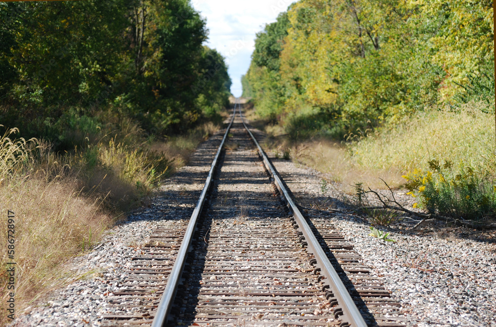 Looking down rail road tracks, Northern Illinois, USA.