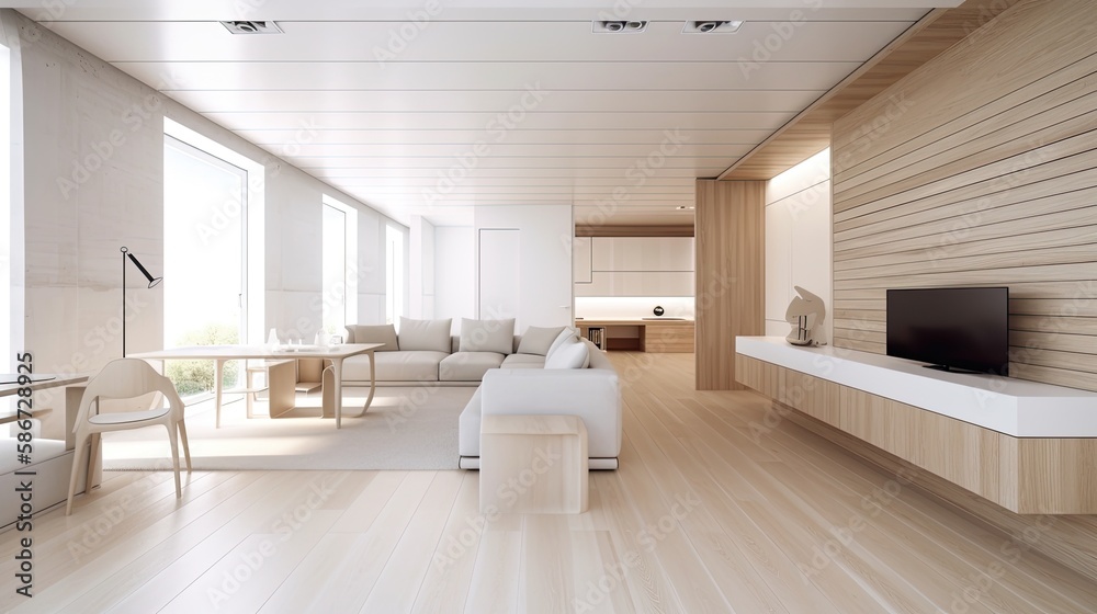 Modern light wooden living room which is the envy of all guests, Spacious interior. Generative AI Technology Modern light wooden living room which is the envy of all guests, Spacious interior. Generative AI Technology