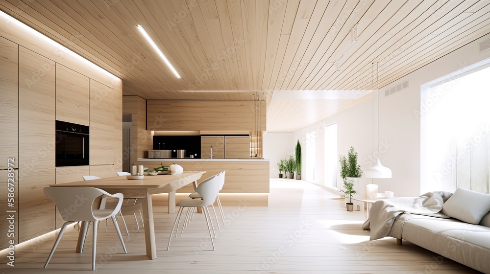 Modern light wooden living room which is the envy of all guests, Spacious interior. Generative AI Technology Modern light wooden living room which is the envy of all guests, Spacious interior. Generative AI Technology
