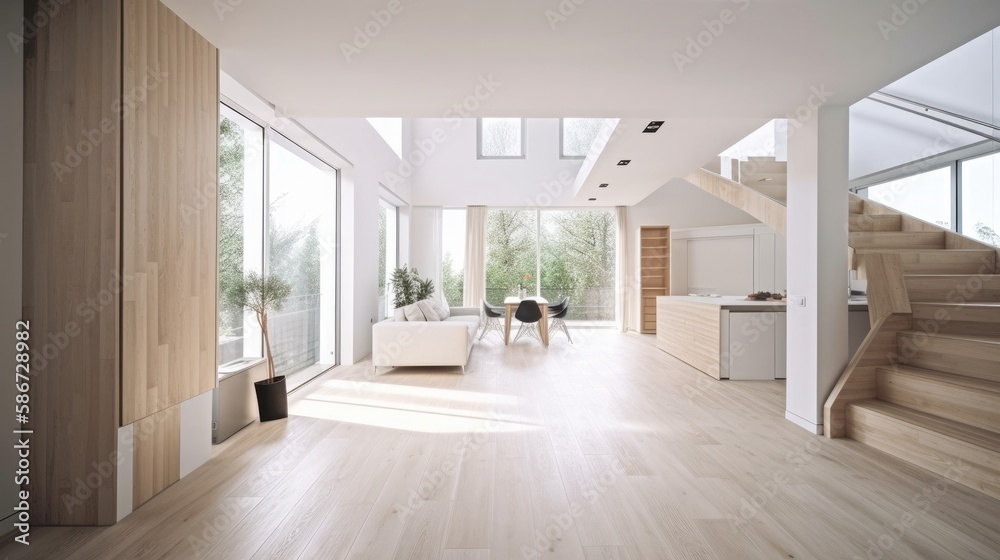 Fototapeta premium Modern light wooden living room which is the envy of all guests, Spacious interior. Generative AI Technology 