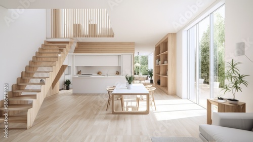 Modern light wooden living room which is the envy of all guests  Spacious interior. Generative AI Technology 