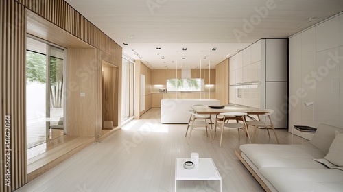 Modern light wooden living room which is the envy of all guests  Spacious interior. Generative AI Technology 