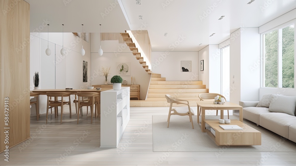 Modern light wooden living room which is the envy of all guests, Spacious interior. Generative AI Technology Modern light wooden living room which is the envy of all guests, Spacious interior. Generative AI Technology