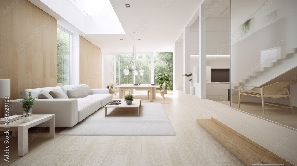 Modern light wooden living room which is the envy of all guests, Spacious interior. Generative AI Technology Modern light wooden living room which is the envy of all guests, Spacious interior. Generative AI Technology