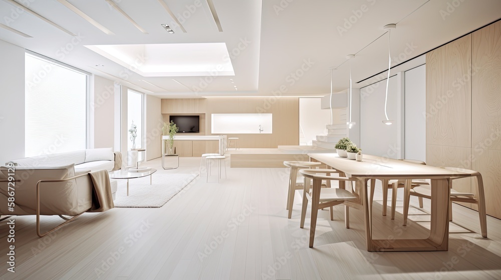 Modern light wooden living room which is the envy of all guests, Spacious interior. Generative AI Technology Modern light wooden living room which is the envy of all guests, Spacious interior. Generative AI Technology