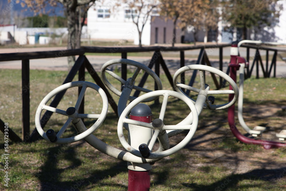Gym equipment in the park for outdoor exercise. Concept of health and wellness