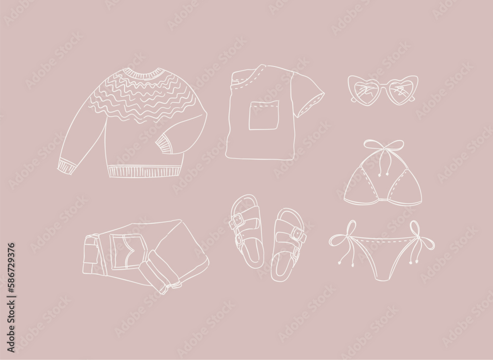 Set of clothes sweater, t-shirt, glasses, swimsuit, jeans, pants, slippers, sandals for women modern travel look in hand drawing style on peach background. Set of clothes sweater, t-shirt, glasses, swimsuit, jeans, pants, slippers, sandals for women modern travel look in hand drawing style on peach background.