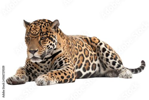 an isolated jaguar side-view  laying down  reclining  horizontal  fierce jungle-themed photorealistic illustration on a transparent background in PNG. Panthera onca. Generative AI