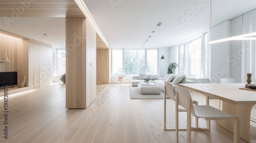 Living room made of light wooden for the cozy home  interior. Generative AI Technology 