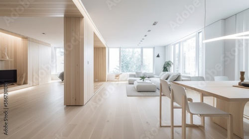 Living room made of light wooden for the cozy home, interior. Generative AI Technology 